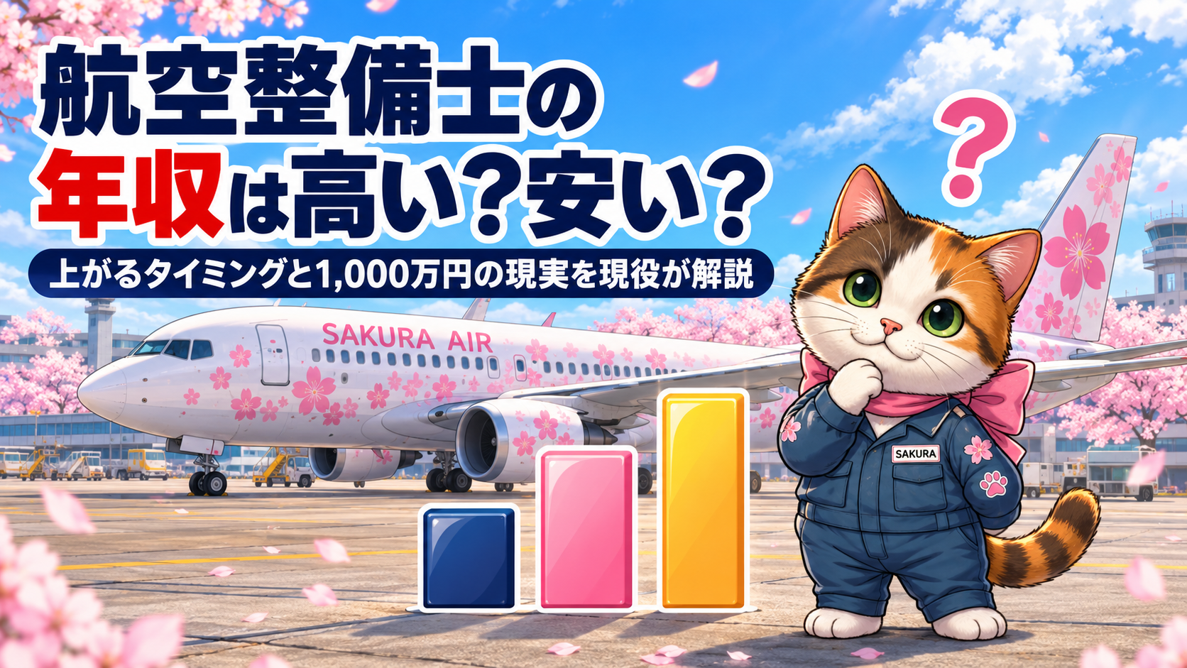 航空整備士の年収について、棒グラフの横で考える整備士サクラ