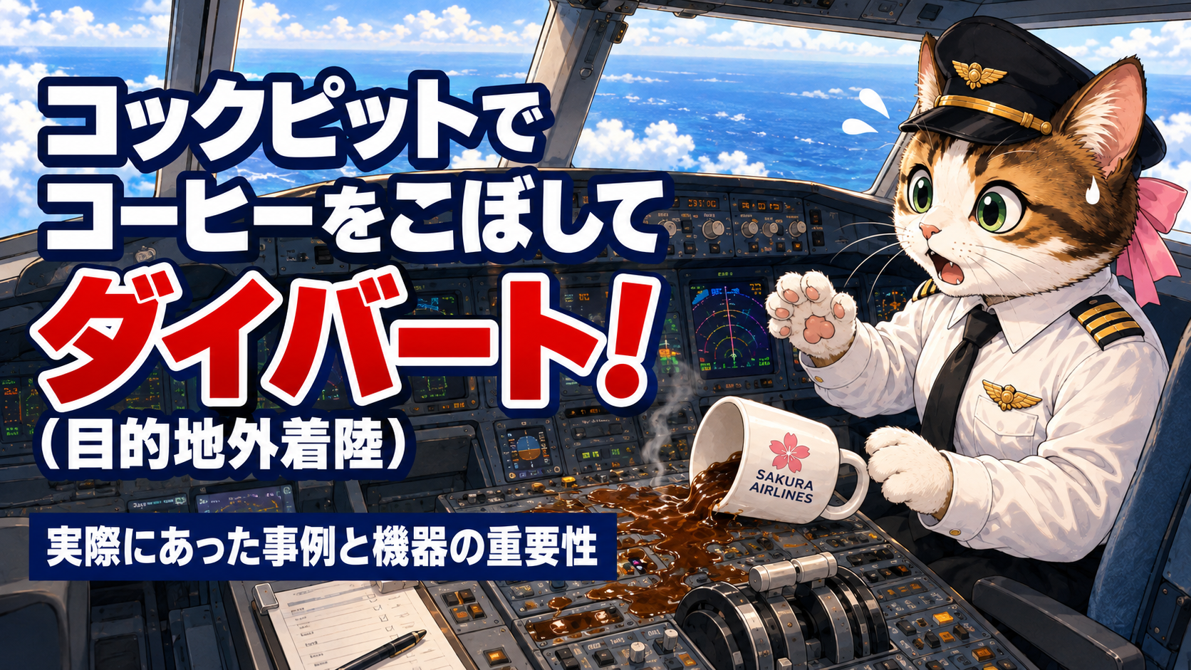 コックピットでコーヒーをこぼしてダイバートした事例を表す、コーヒーが操作パネルにかかって驚く機長姿のサクラ