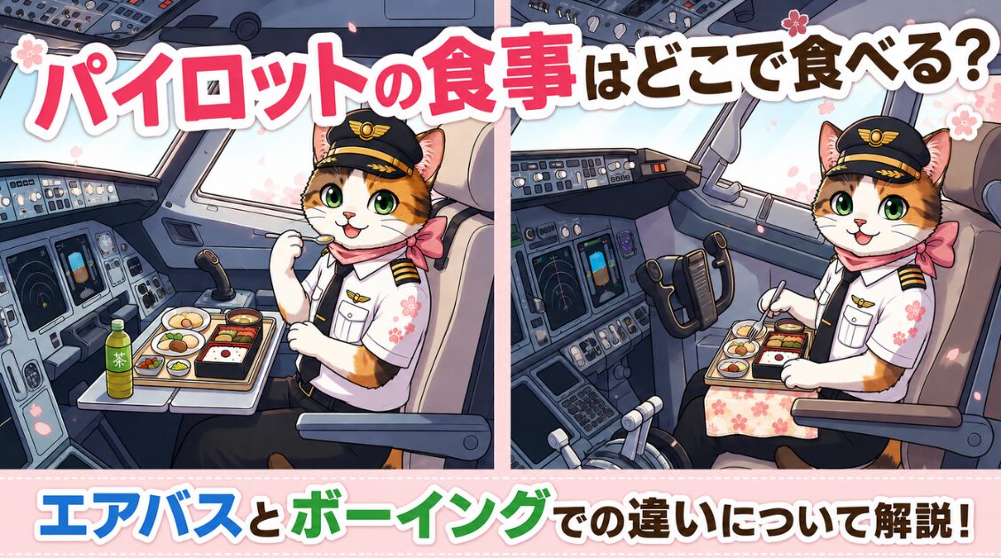 パイロットの食事のようすを解説するサクラ（エアバスとボーイングの比較）