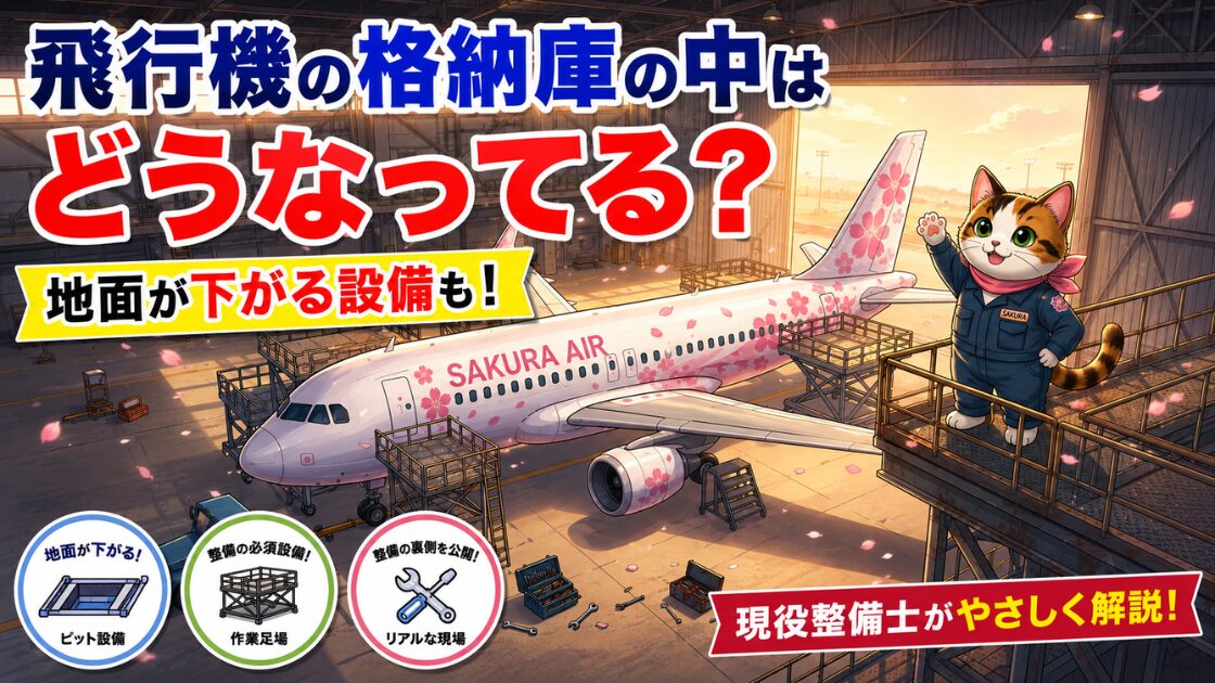 飛行機の格納庫の中で尾翼近くの足場に立つサクラ
