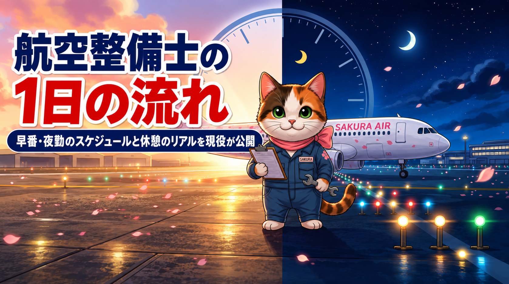朝と夜の空港を背景に、クリップボードを持って1日の流れを紹介する整備士サクラ