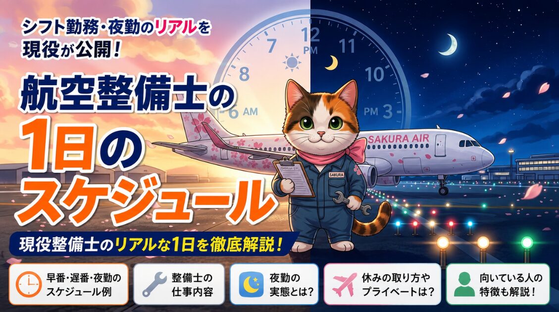 航空整備士の1日のスケジュールを紹介するサクラ（朝と夜のシフト勤務）