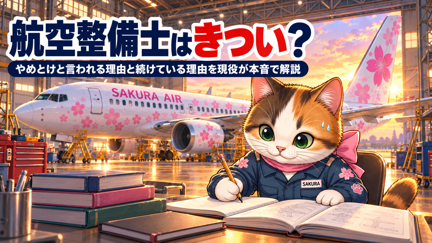 格納庫で資格の勉強をする整備士サクラ