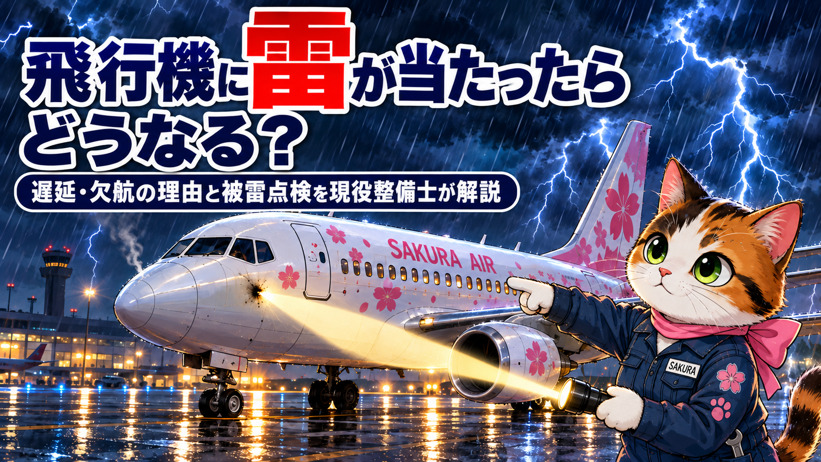 雷雨の空港で、飛行機の機首に残った雷のこげ跡を懐中電灯で点検する整備士サクラ