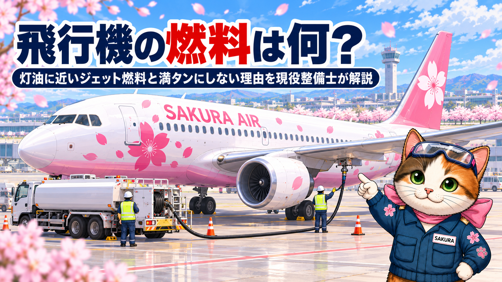 飛行機の燃料は何？給油車から給油中のSAKURA AIR機の主翼を指さすサクラ猫のイラスト