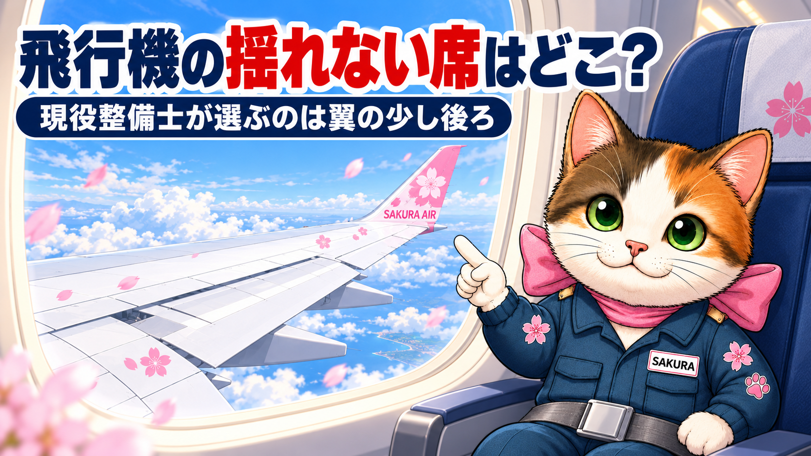 飛行機の揺れない席はどこ？窓側の席でシートベルトを締め、窓の外の主翼を指さすサクラ猫のイラスト
