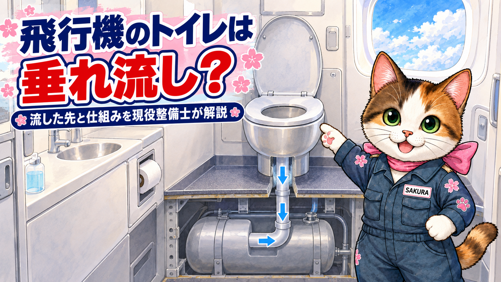 飛行機のトイレは垂れ流しかを解説するアイキャッチ。便器から床下のタンクへつながる配管を指さす整備士サクラ