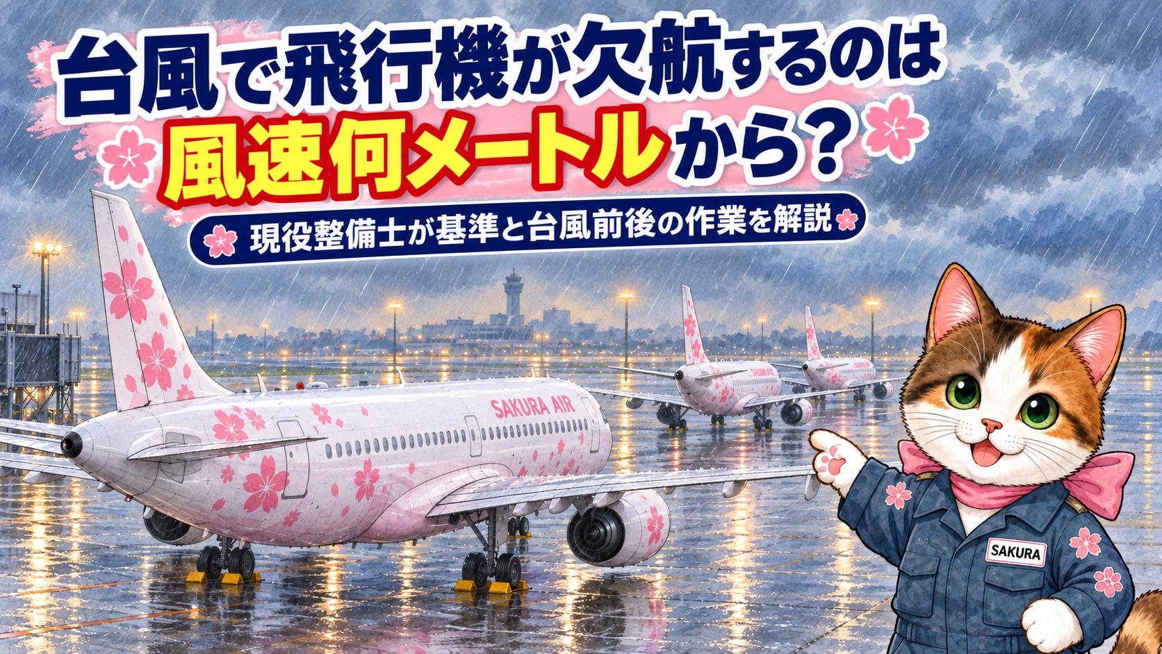 台風で飛行機が欠航するのは風速何メートルからかを現役整備士が解説する記事のアイキャッチ
