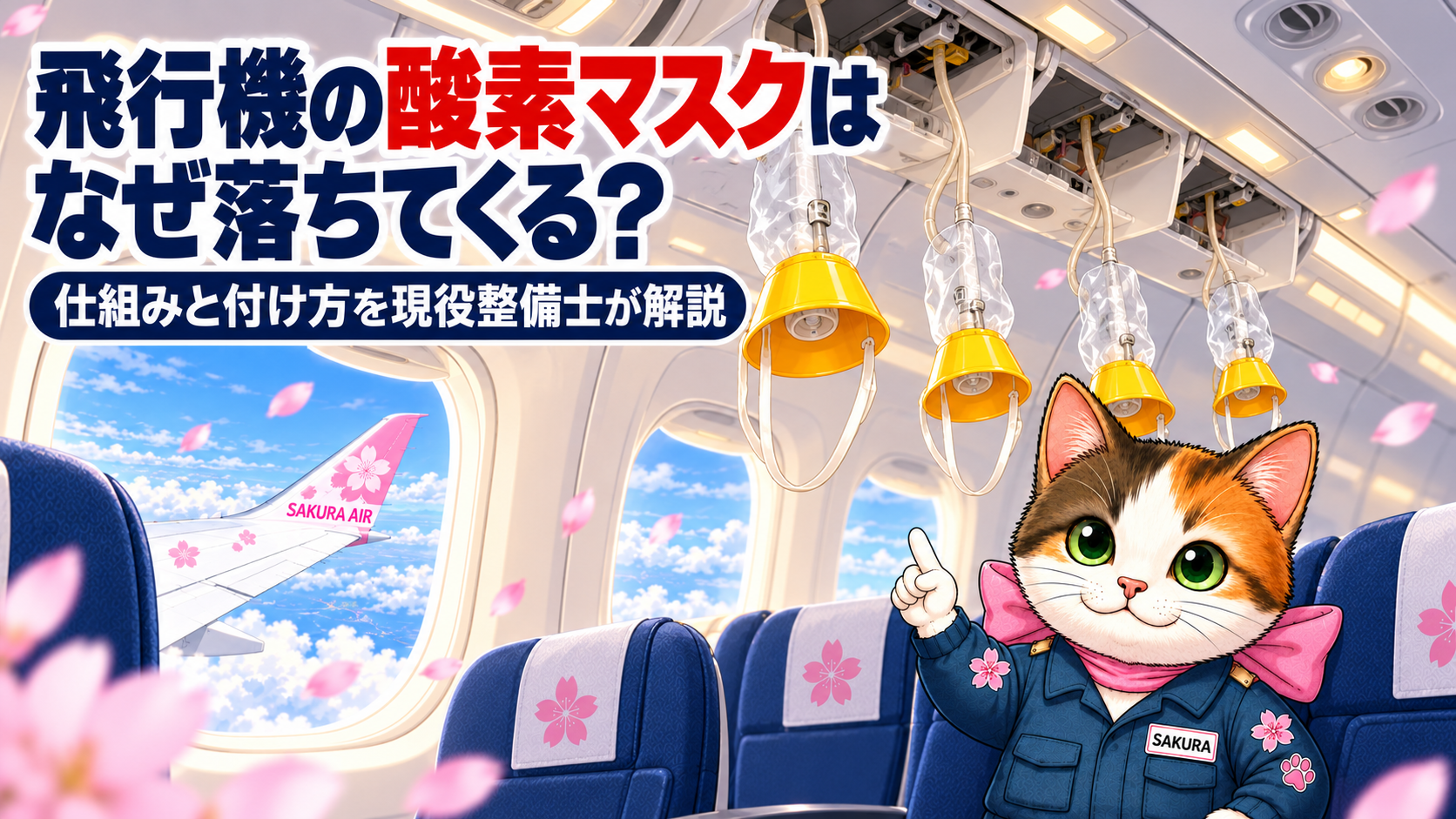 飛行機の酸素マスクはなぜ落ちてくる？客室の天井から下がった黄色い酸素マスクを指さすサクラ猫のイラスト