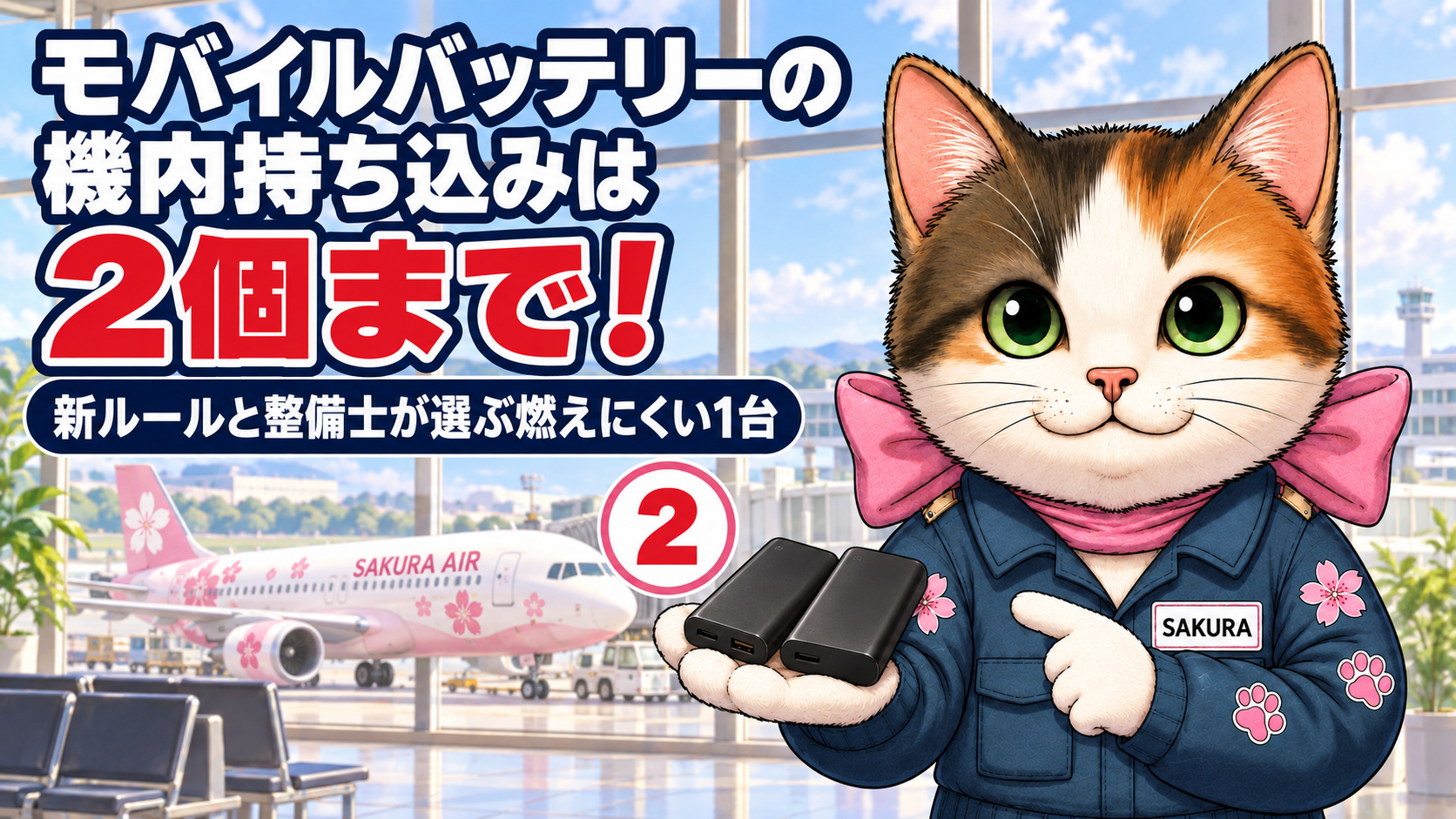 モバイルバッテリーの機内持ち込みは2個までを解説するアイキャッチ。空港でモバイルバッテリーを2個見せる整備士サクラ