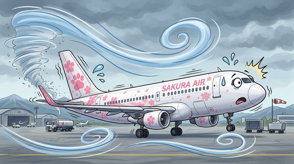 強い横風を受けてかたむく飛行機のイラスト