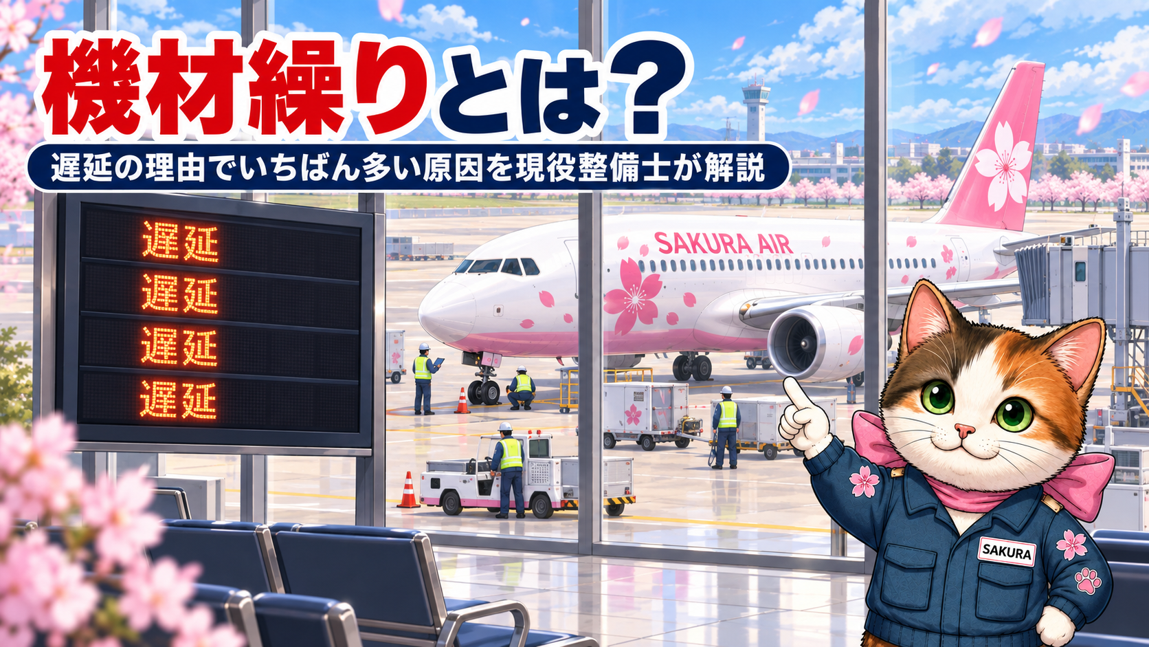 機材繰りとは？空港の出発案内板の遅延表示を指さすサクラ猫と、出発準備中のSAKURA AIR機のイラスト