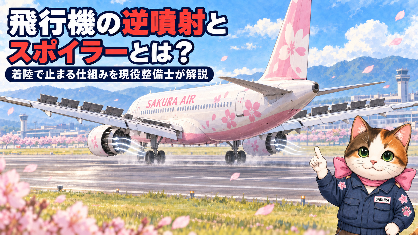 飛行機の逆噴射とスポイラーを解説するアイキャッチ。着陸してスポイラーを立て、エンジンから風を前に吹き出す旅客機と整備士サクラ