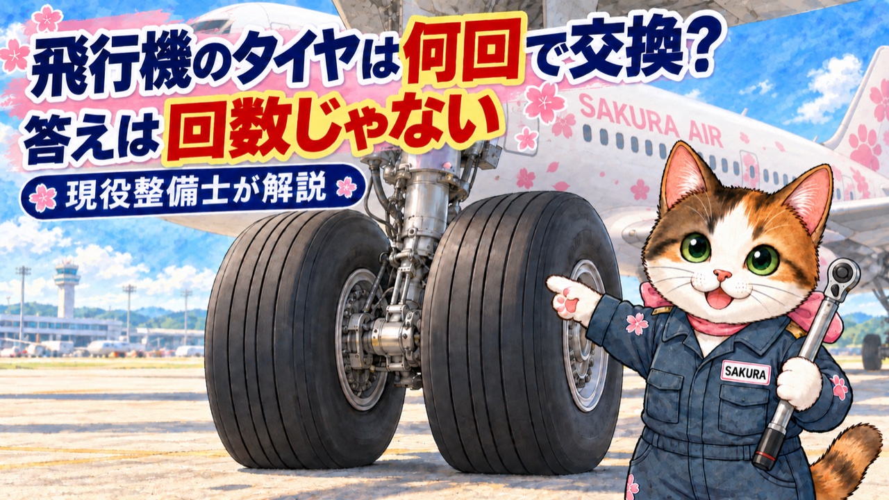 飛行機のタイヤの溝を指さして交換の基準を説明する整備士サクラ