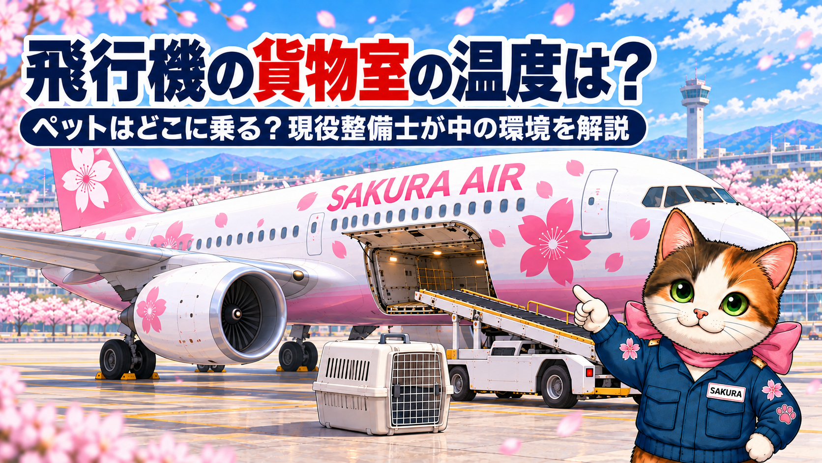 飛行機の貨物室の温度は？貨物室の扉が開いたSAKURA AIR機とペット用クレートを指さすサクラ猫のイラスト